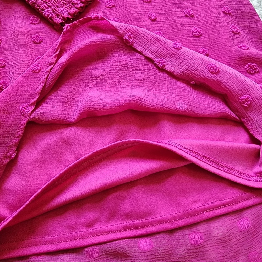 Versona Swiss Dot Shift Dress Womens XS Magenta Pink Smocked Long Sleeve Barbie - Picture 8 of 11